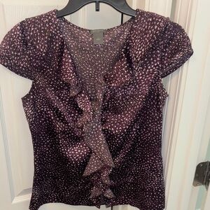 Ann Taylor Plum Ruffle Front Cap-Sleeve Blouse